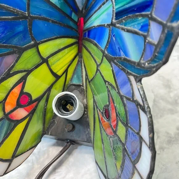 Tiffany Style Butterfly Accent Lamp Night Light Vintage Slag Glass Rose Base - Picture 16 of 16